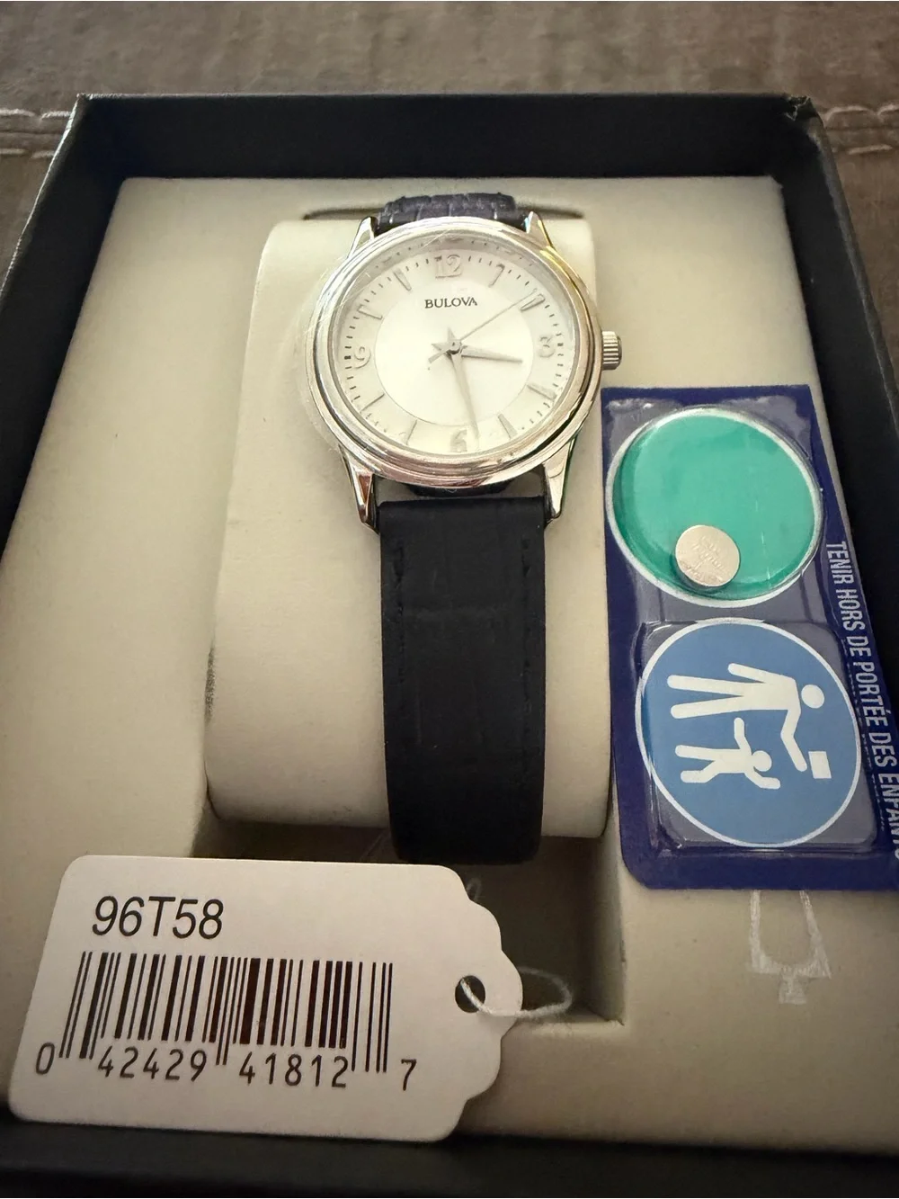 Bulova Silver Dial Watch with Black Leather Strap